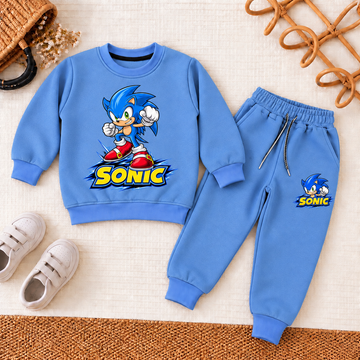 Kids Blue Fleece 2-Piece Set – Cartoon Print Sweatshirt & Jogger Outfit