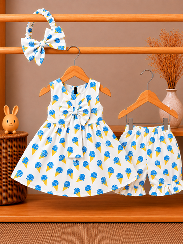 Cotton lawn Stylish Frock Icecream Cone Top with Matching Shorts And Bow Hair Band