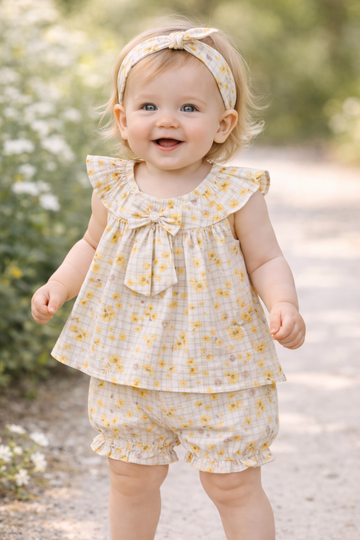 The "Sunshine Garden" Flutter Sleeve Set - Yellow Floral & Plaid