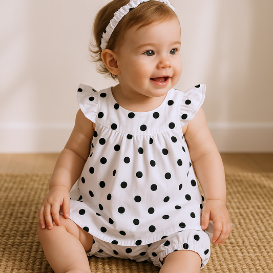 5 pc set White & Black Small Polka Dress Set with Bloomers