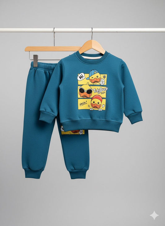 Tidy Duck Kids Tracksuit Set – Teal Cartoon Duck Sweatshirt & Trouser- Fleece Fabric