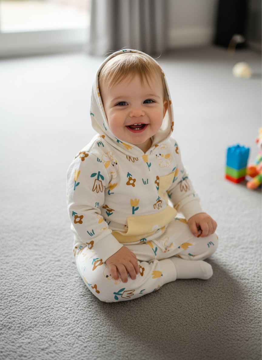 French Terry Girls Suit Leaves Design - Lemon