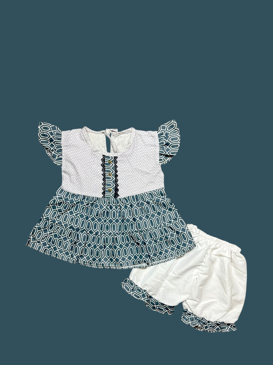 Cute Baby Girl Outfit - Dress with Black Flowers, Bloomers,