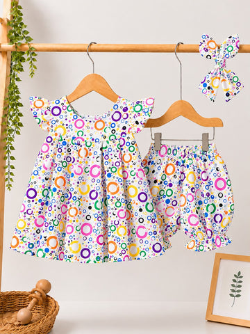Vibrant Ring Print Toddler Dress & Shorts 3-Piece Set