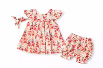 Toddler Floral (10) & Grid Print Set - Vintage Style With Hairband 3pc Summer Outfit