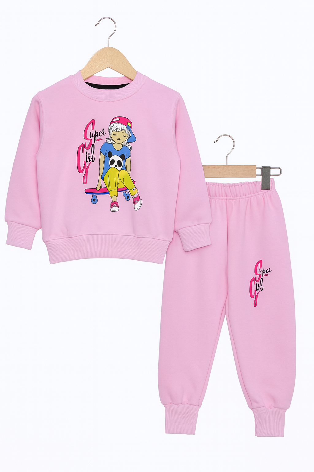 Girls Super Girl Sweatsuit – Cute Pink 2-Piece Set Fleece