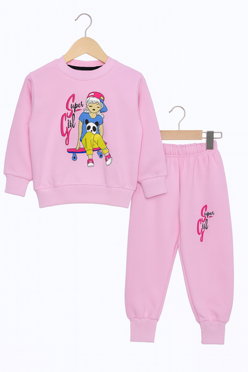 Girls Super Girl Sweatsuit – Cute Pink 2-Piece Set Fleece
