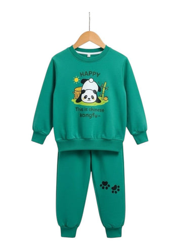 Happy Panda Kung Fu Kids Tracksuit Set – Green Sweatshirt & Trouser- Fleece Fabric