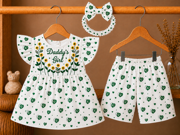 Azadi Cotton Little Miss Pakistan – Daisy Darling Azadi Set With Flapper And hairband Polka🌼