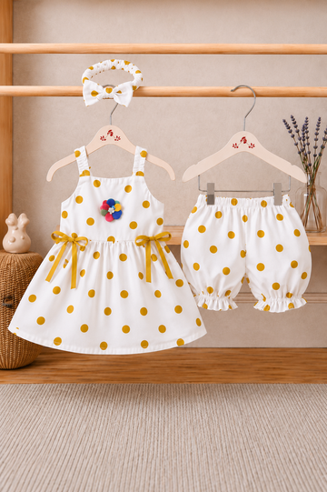 Cotton lawn Stylish Polka Striped Top with Matching Shorts And Bow Hair Band