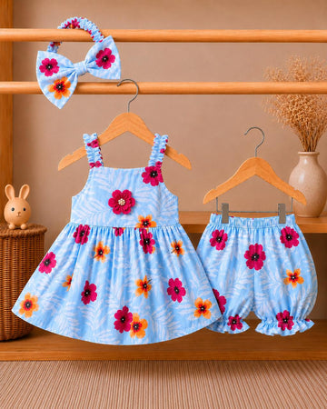 Sky Blossom Baby Girl Dress & Bloomers Set with Matching Headband