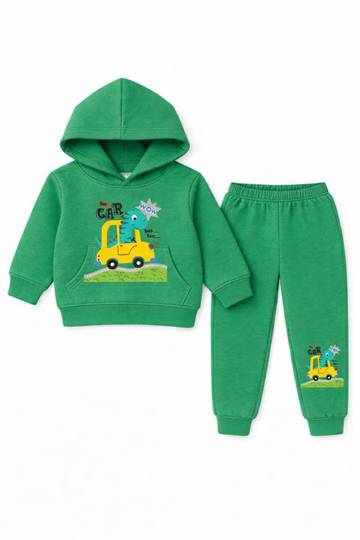 Kids' Fun Car Print Graphic 2-Piece Hoodie Set – Green