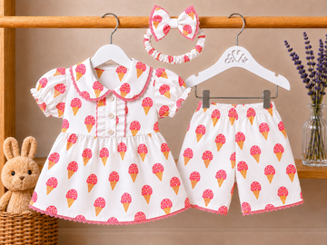 Cotton lawn Ice Cream Cone Stylish Top with Matching Shorts And Hairband