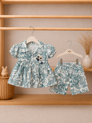 Cotton lawn Stylish Collar Style Frock Striped Top with Matching Shorts And Bow Lace