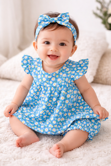 Cheerful Blue Daisy Dress & Bloomers Set - Cute Kid Fashion!