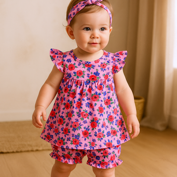 Cotton Lawn Baby Frock with Short & Hairband Purple