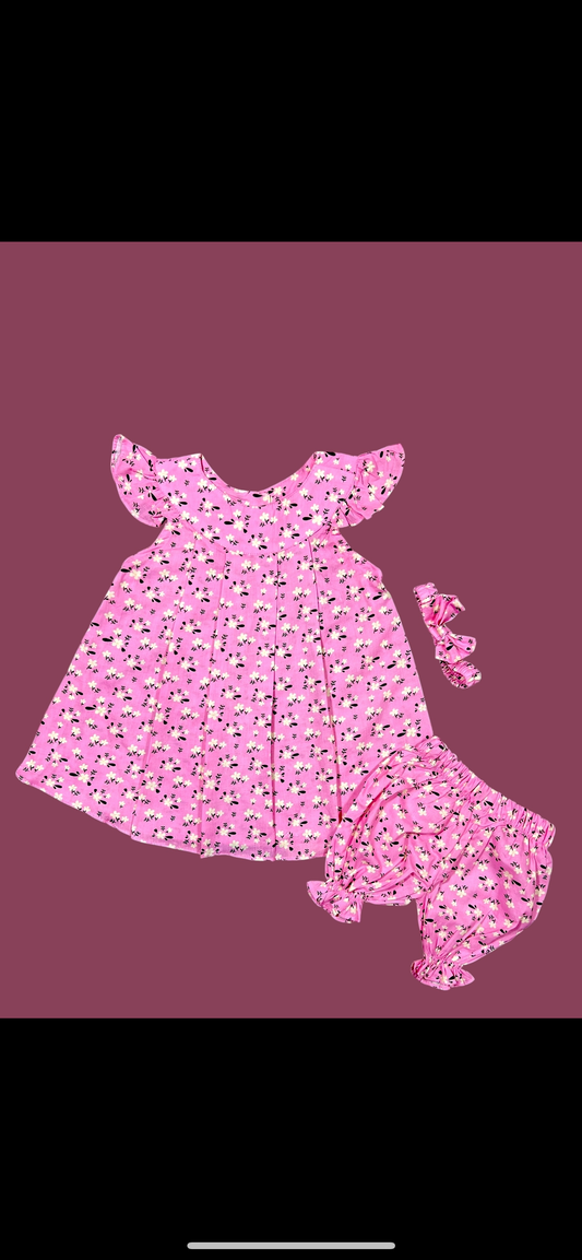 Pink Lawn flowers Colours With Shorts and Hairband