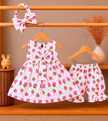 Sweet Strawberry Baby Girl Dress & Ruffle Bloomers Set with Headband