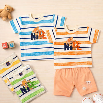 Kids “Nice” Teddy Bear Striped T-Shirt & Shorts Set
