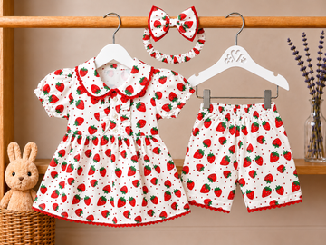 Cotton lawn Lace Stylish Collar Style Frock Strawberries with Matching Shorts With Hairband