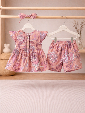 Cotton lawn Stylish Frock Striped Top with Matching Shorts And Bow Hair Band