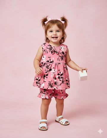 Printed Cotton Jersey Baby Frock with Shorts
