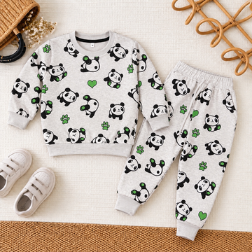 Winter Track Suit Cute Panda Print Light Grey Kids Fleece Set
