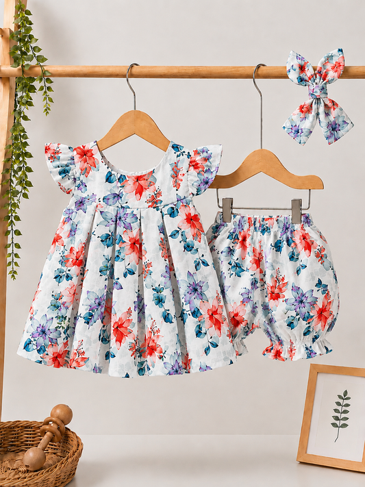 Floral Frock 3-Piece Flutter Dress Set With Hairband