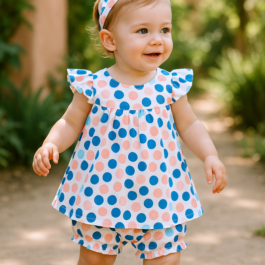 5 pc set White Blue Pink Polka Dot Baby Dress Set with Bloomers HiNeck & Tights - 5pcs