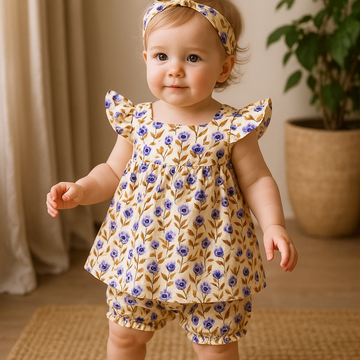 Yellow with Purple Flower Dress Set with Bloomers