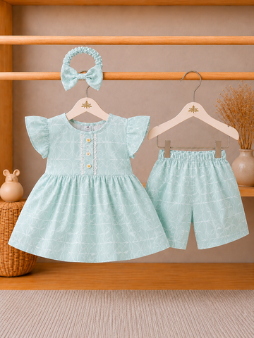 Cotton lawn Stylish Frock Striped Top with Matching Shorts And Bow Hair Band