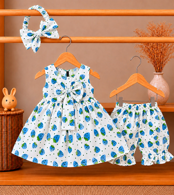 Cotton lawn Stylish Frock Strawberries Top with Matching Shorts And Bow Hair Band