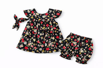 Toddler Floral (7) & Grid Print Set - Vintage Style With Hairband 3pc Summer Outfit