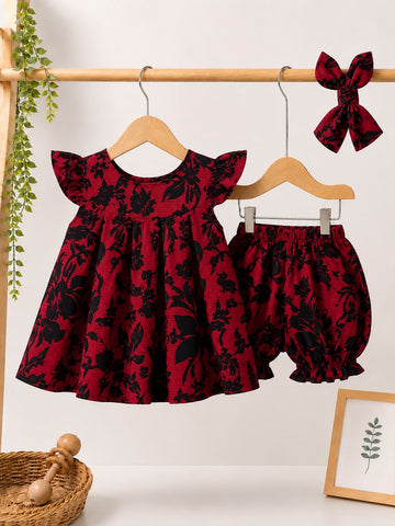 Elegant Red Floral Flutter Dress & Bloomers Set with Matching Bow