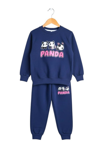 Cute Panda Trio Kids Tracksuit Set – Navy Sweatshirt & Trouser - Fleece Fabric