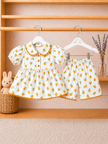 Cotton lawn Stylish Collar Style Frock Striped Top with Matching Shorts And Bow Lace