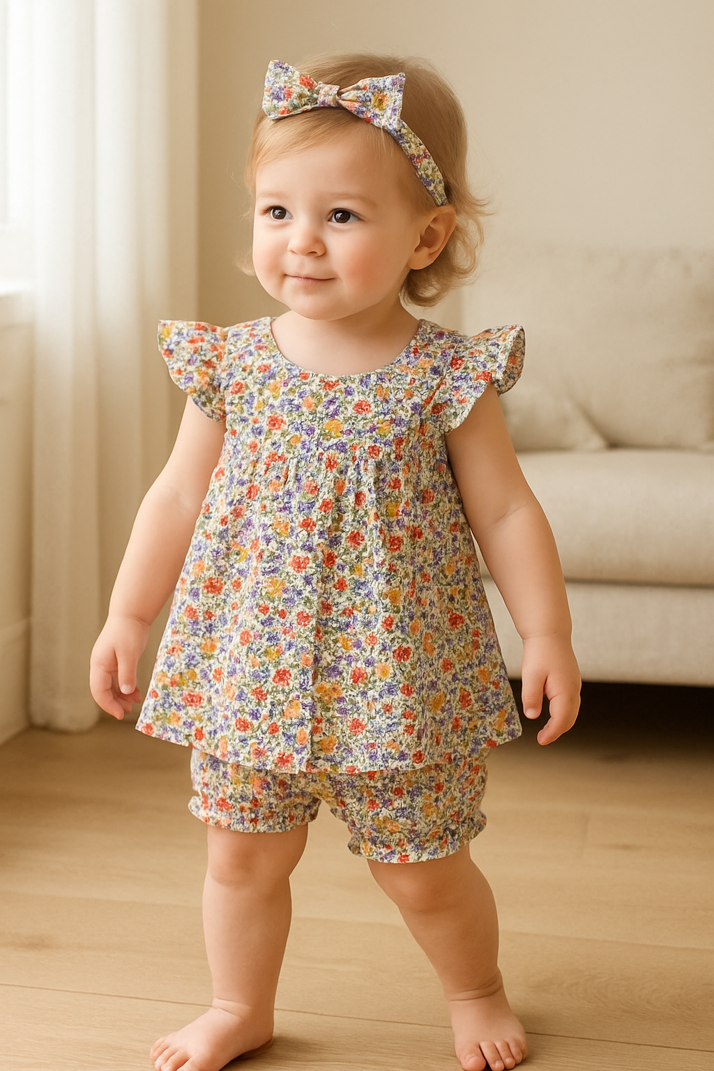 Cotton Lawn Baby Frock with Short & Hairband yellow Multy