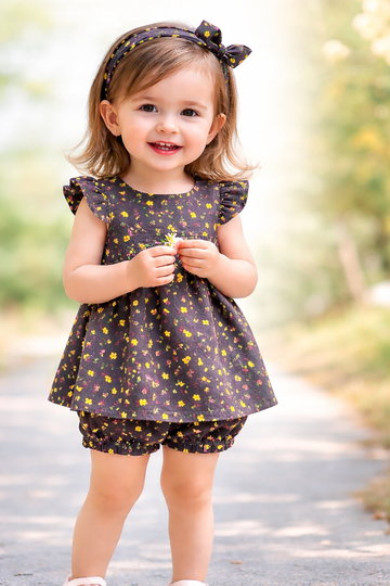 Brown black Lawn flowers Colours With Shorts and Hairband