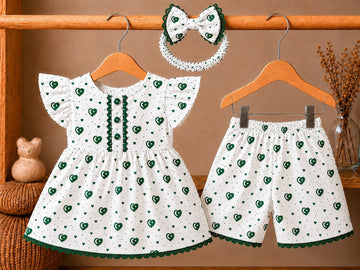 Jashn-e-Azadi Green & White Flag Heart 3-Piece Set with Headband