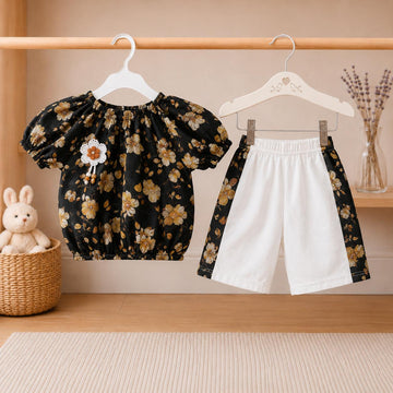 Golden Blossom Girls Floral Puff Sleeve Top & White Culotte