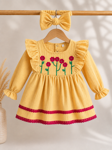 Turkish Popcorn Fabric Full Sleeves Frock , Embos Printed With Lace , And Cute Bow Hairband