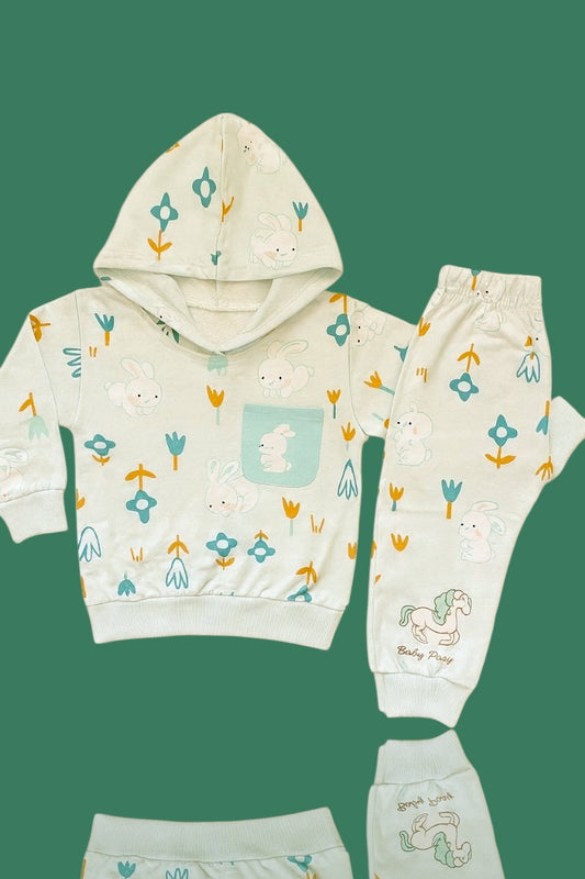 French Terry Girls Suit Leaves Design - Sea Green