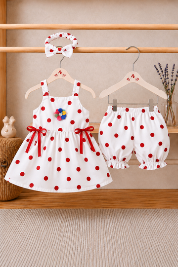 Cotton lawn Stylish Polka Striped Top with Matching Shorts And Bow Hair Band