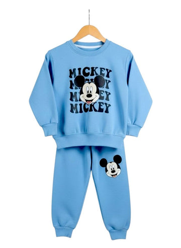 Mickey Mouse Repeat Logo Kids Tracksuit Set – Sky Blue Sweatshirt & Trouser- Fleece Fabric