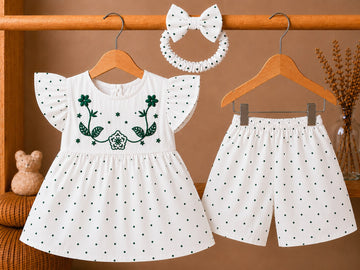 14 August Green Floral Embroidered Top, Shorts & Headband Set
