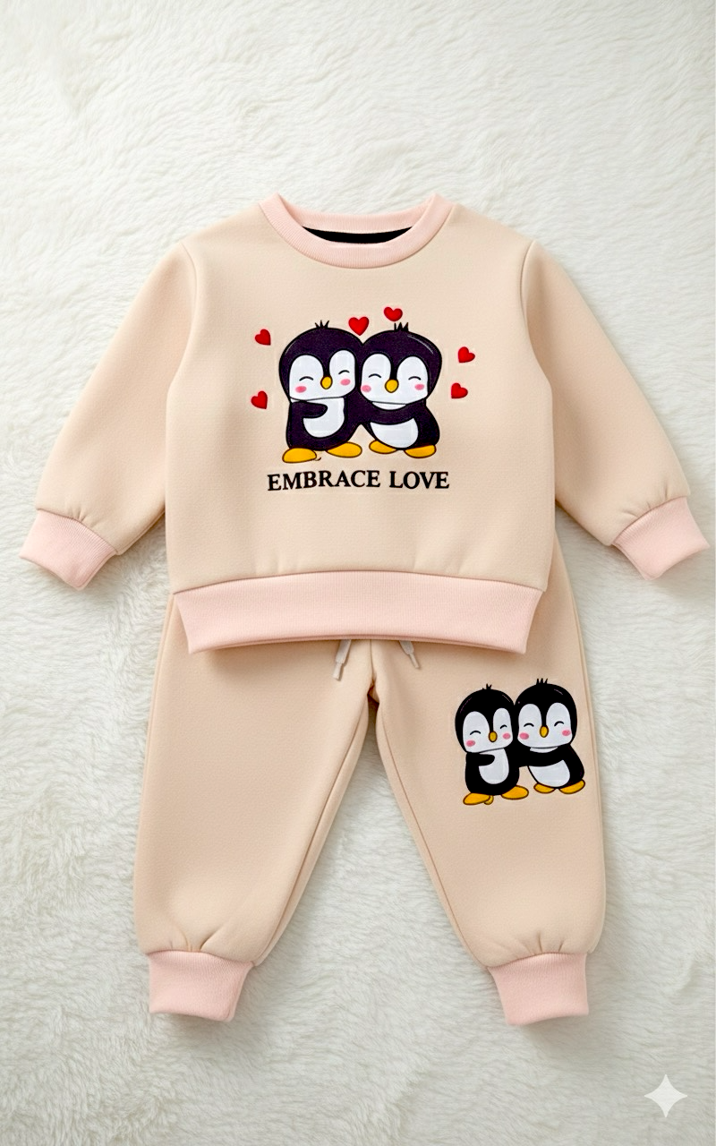 Cute Penguins Kids Tracksuit – Embrace Love Beige Outfit Fleece