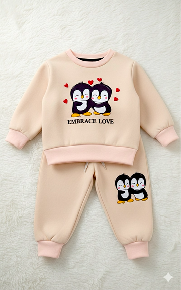 Cute Penguins Kids Tracksuit – Embrace Love Beige Outfit Fleece