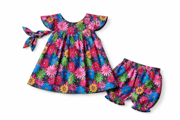 Toddler Floral (5)& Grid Print Set - Vintage Style With Hairband 3pc Summer Outfit