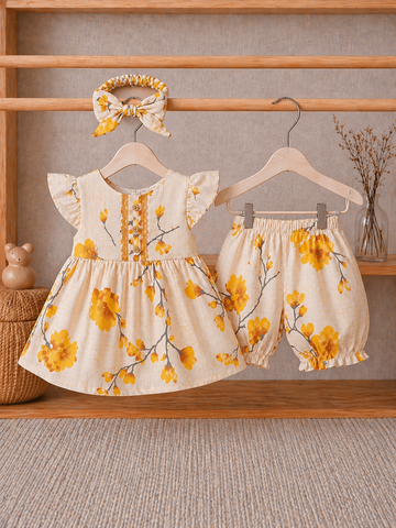 Cotton lawn Stylish Frock Striped Top with Matching Shorts And Bow Hair Band