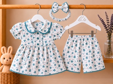Cotton lawn Lace Stylish Collar Style Frock Floral with Matching Shorts With Hairband